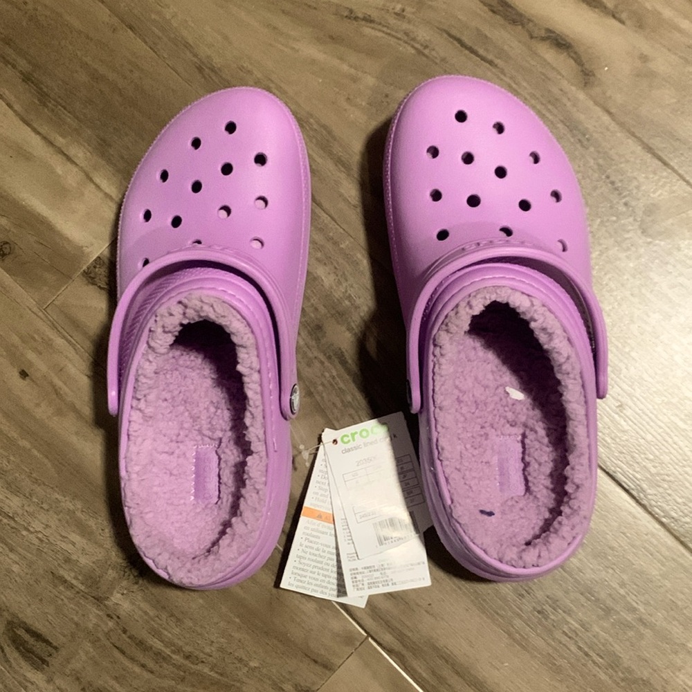 Crocs, purple and fur lined. Size 6